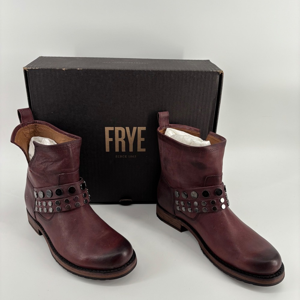 Frye‎ Veronica Stud Bootie Womens 6.5 Plum Leather Moto Ankle Boots 3470968-PLU